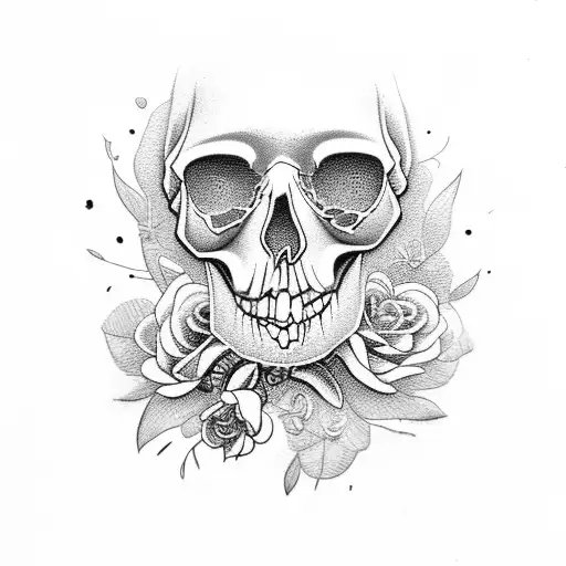Women in hood holding in hands skull with flowers tattoo design idea