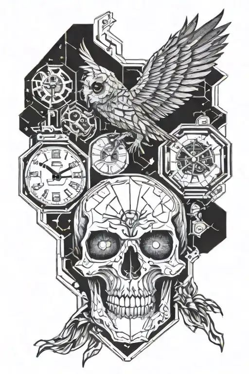 skull,owl and analog clock surrounded by hexagon shaped computer chip tattoo design idea