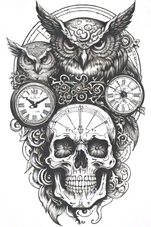 skull,owl and analog clock face stack on each other tattoo design idea