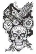 skull,owl and analog clock surrounded by hexagon shaped computer chip tattoo design idea