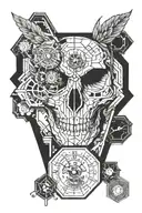 skull,owl and analog clock surrounded by hexagon shaped computer chip tattoo design idea