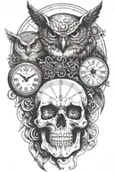 skull,owl and analog clock face stack on each other tattoo design idea