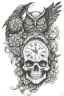 skull,owl and analog clock face stack on each other tattoo design idea
