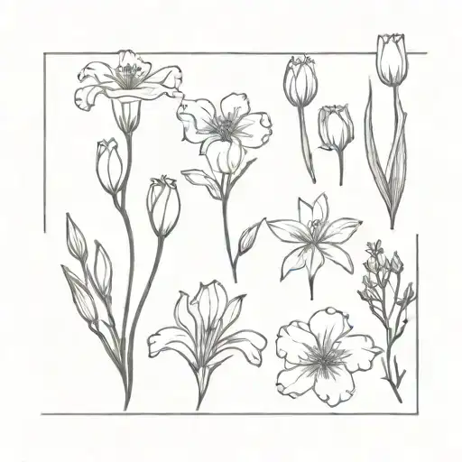 Lily, iris, carnation, lavender, daisy, cornflower, rose, tulip, iris, shamrock flowers tattoo design idea