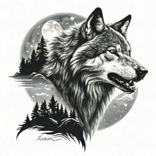 snarling wolf in moonlight lake scene with stars tattoo design idea