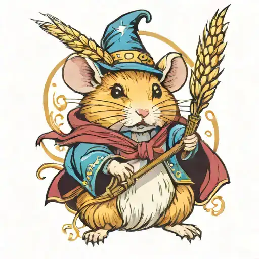 Golden hamster who is a wizard holding a staff that is made of a corn stalk casting a spell tattoo design idea