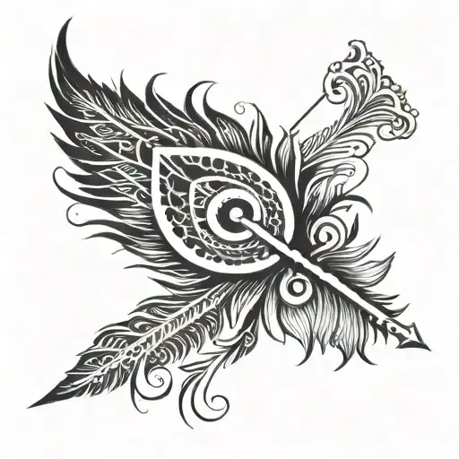 peacock feather with arrow pointing tattoo design idea