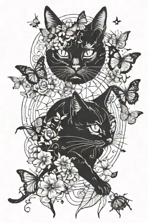 black cat witj spiders and butterflies tattoo design idea