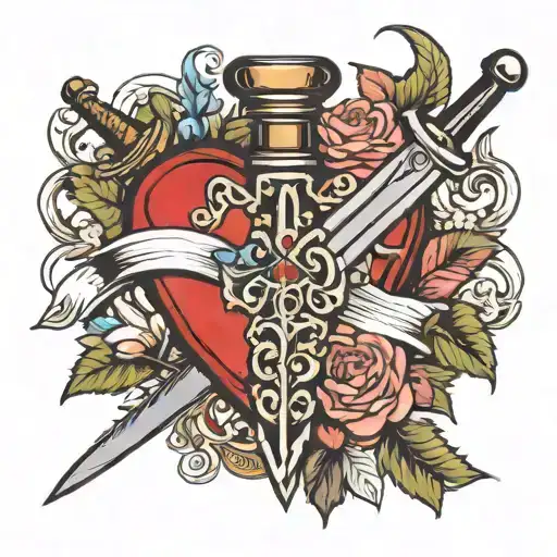 heart with a sword behind it on one cross and flowers and leavs on another with a blank text space on the heart tattoo design idea
