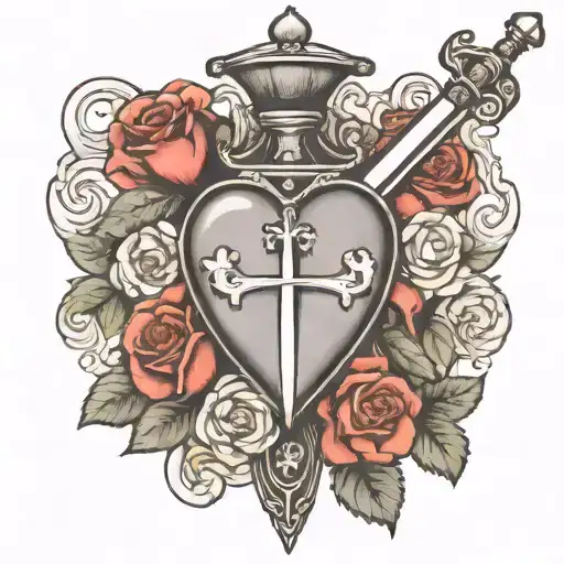 heart with a sword behind it on one cross and flowers and leavs on another with a blank text space on the heart less  tattoo design idea