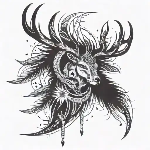 Cherokee tribal sleeve, with feathers and deer antlers tattoo design idea