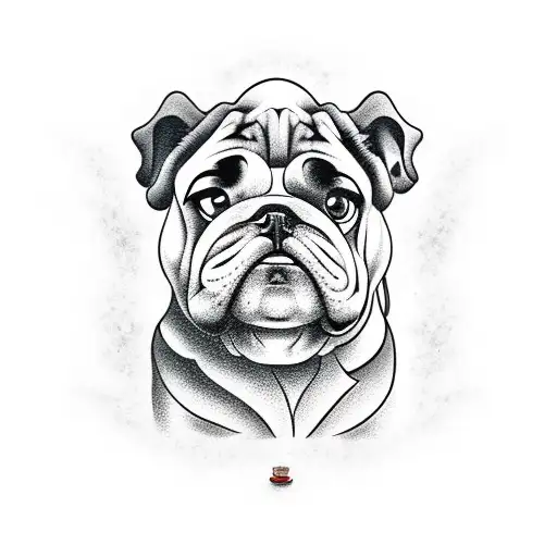 A traditional tattoo of a bulldog sitting on a barrel of whiskey in a countryside setting tattoo design idea
