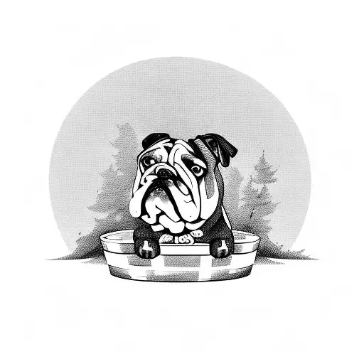 A traditional tattoo of a bulldog sitting on a barrel of whiskey in a countryside setting tattoo design idea