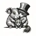 Guinea pig and dog and cat and girl hug each other tattoo design idea