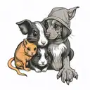 Guinea pig and dog and cat and girl hug each other tattoo design idea