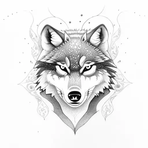 a wolf with with red eyes in a dark forest with half moon and river flowing tattoo design idea
