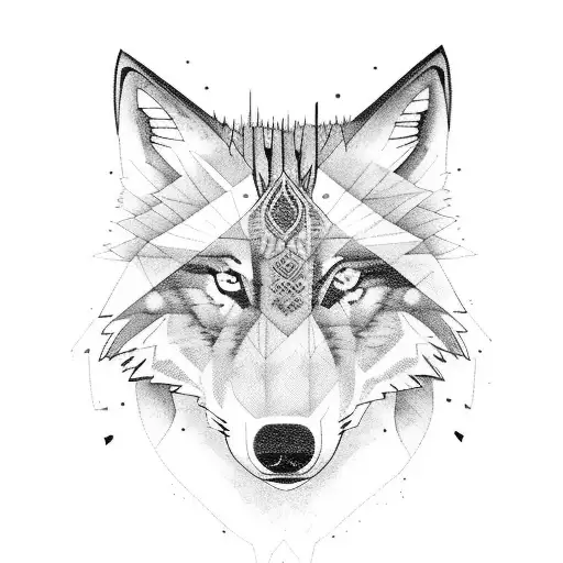 a wolf with with red eyes in a dark forest with half moon and river flowing tattoo design idea