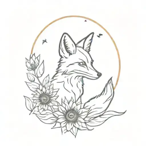 fox, sunflowers, sun, bee tattoo design idea