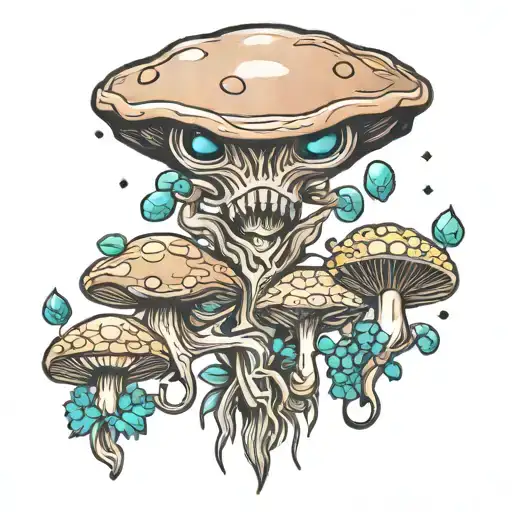 aliens, crystals, mushrooms tattoo design idea