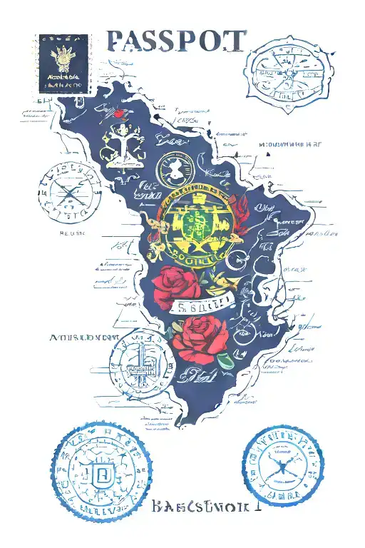 A passport with stamps from Brazil, USA, Portugal, UK, Belgium, France, Peru, Chile, and Bolivia tattoo design idea
