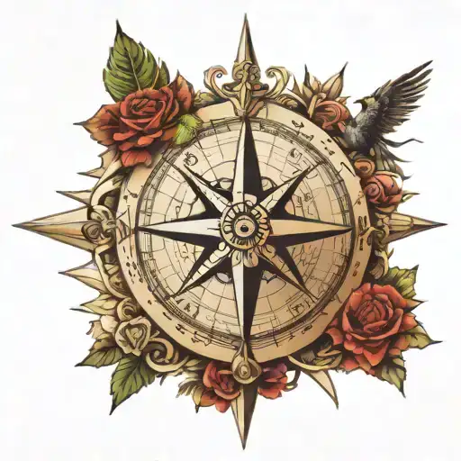 An intricate compass rose with landmarks from Brazil, USA, Portugal, UK, Belgium, France, Peru, Chile, and Bolivia as the cardinal directions tattoo design idea
