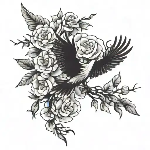flying crane with camellia branch behind  tattoo design idea