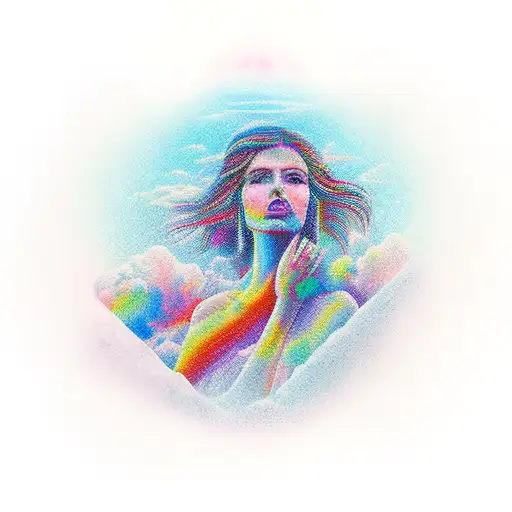 woman walking towards heaven stairs, colourful tattoo design idea