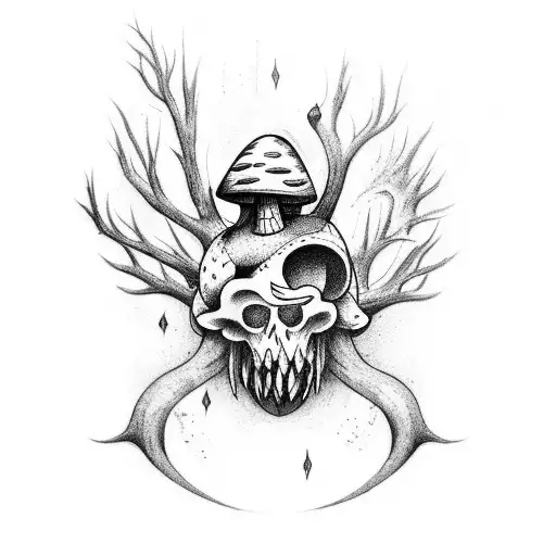 Design a tattoo featuring a horror forest scene with mushrooms, musical notes tattoo design idea