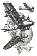 Lockheed Constellation airplane flying over a world, golden age of aviation tattoo design idea