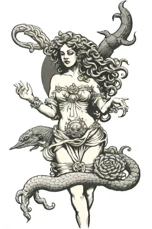 aphrodite goddess next to medusa holding tattoo design idea
