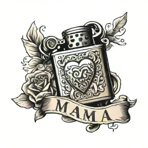 A traditional tattoo design of a vintage zippo lighter with a traditional heart with the quote "MAMA" engraved on it.. s tattoo design idea