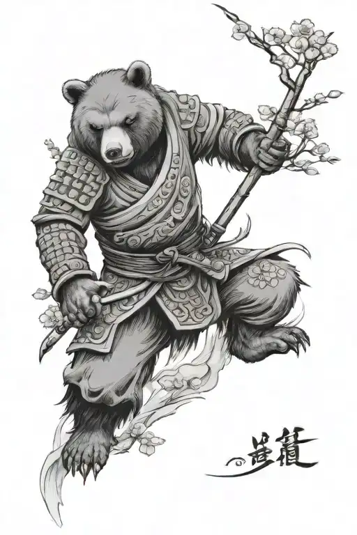 a samurai bear in a Japanese garden tattoo design idea