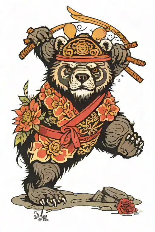 a samurai bear in a Japanese garden tattoo design idea