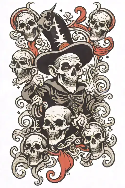 jester juggling skulls black and white tattoo design idea