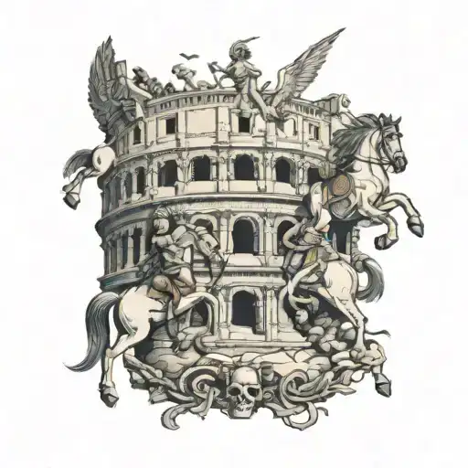 gladiators battling in roman colosseum with angels hovering, chariots, a goddess face, horses, lions, skulls on ground tattoo design idea