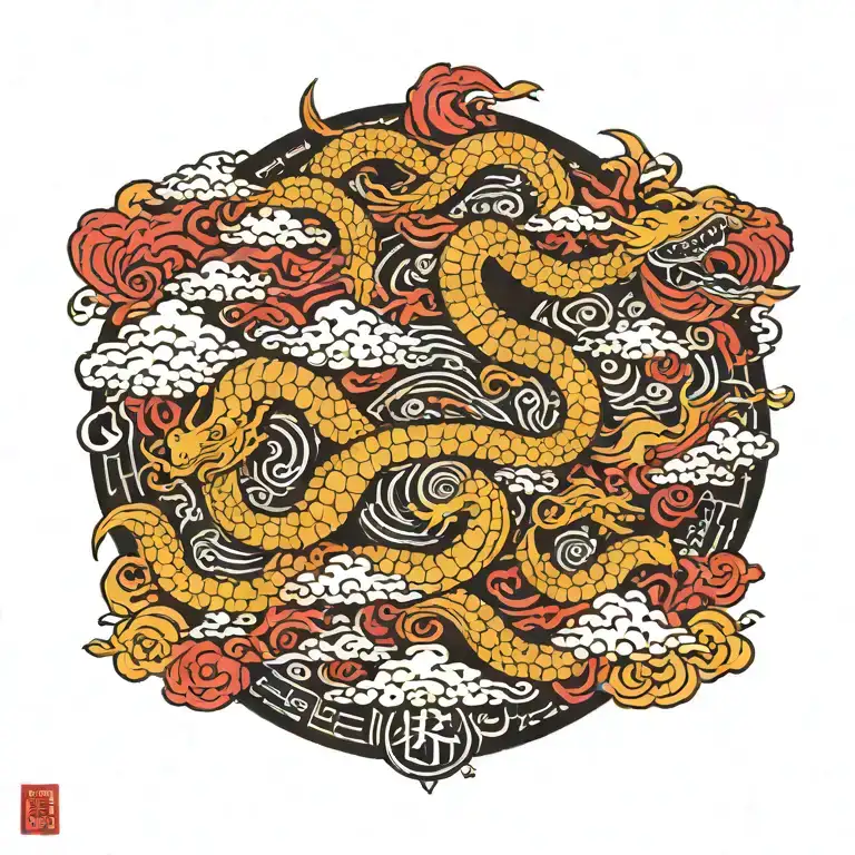 japanese ideograms through the spine closed in a japanese column, flying around the column there are drakes and clouds tattoo design idea