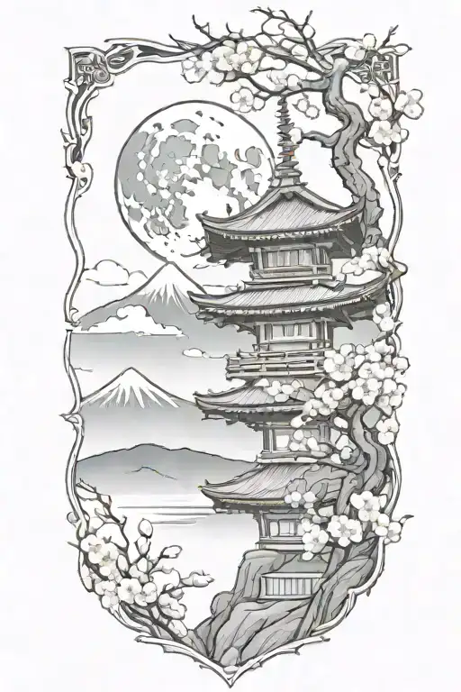 A Sketch Of A Haunted Pagoda A Full Moon In The Background, cherry blossoms on fire and mount fuji on background tattoo design idea