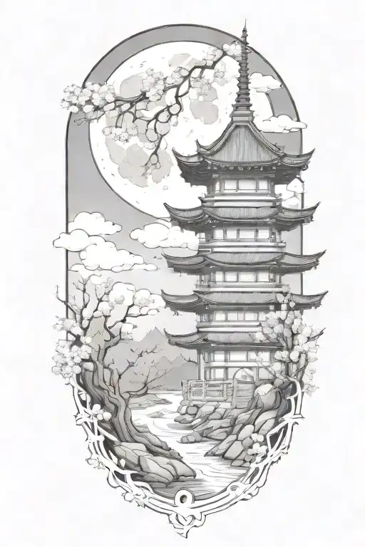 Add cherry blossoms, but not on the moon. There are dark lines of energy going up from the pagoda tattoo design idea