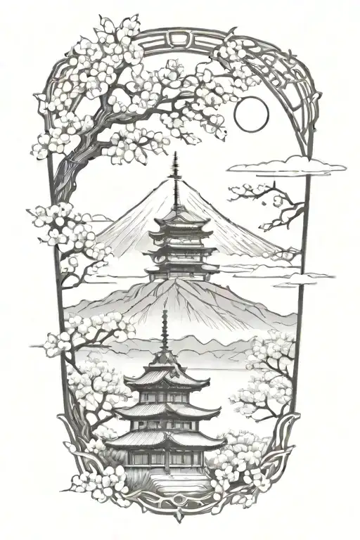A Sketch Of A Haunted Pagoda A Full Moon In The Background, cherry blossoms on fire and mount fuji on background tattoo design idea