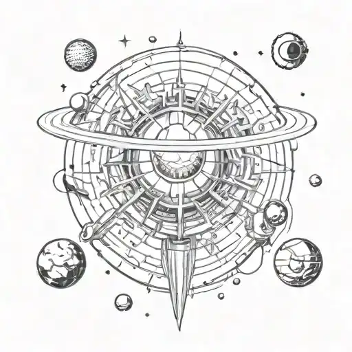 lovecraftian cosmic horror, dyson sphere eye looking floating among planets tattoo design idea