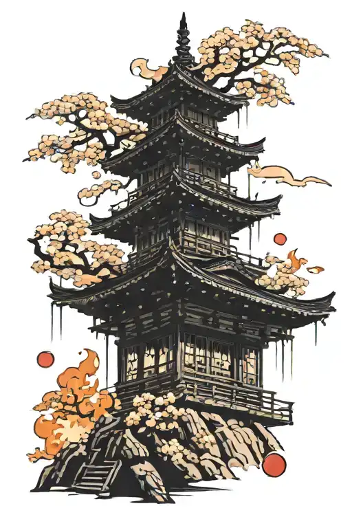 A traditional Japanese pagoda in flames reaching up to the sky, around the pagoda sakura trees in flames tattoo design idea