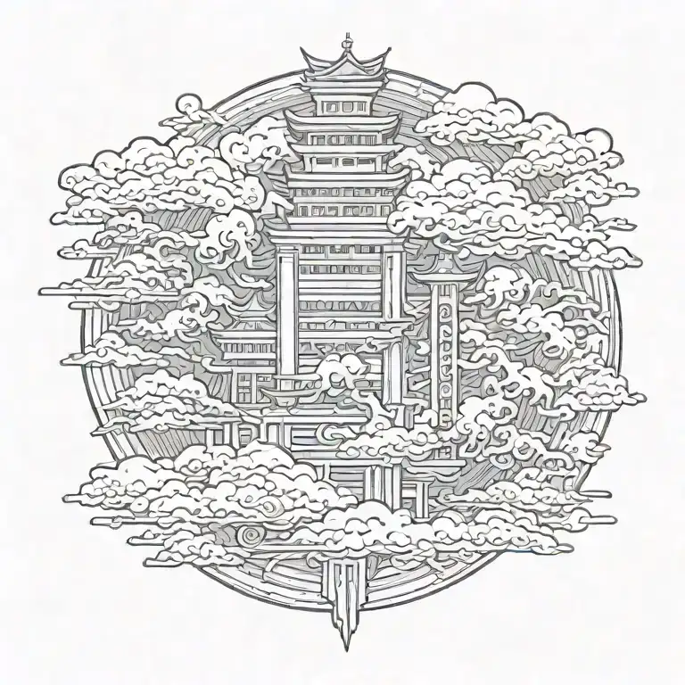 japanese ideograms through the spine closed in a japanese column, flying around the column there are drakes and clouds tattoo design idea