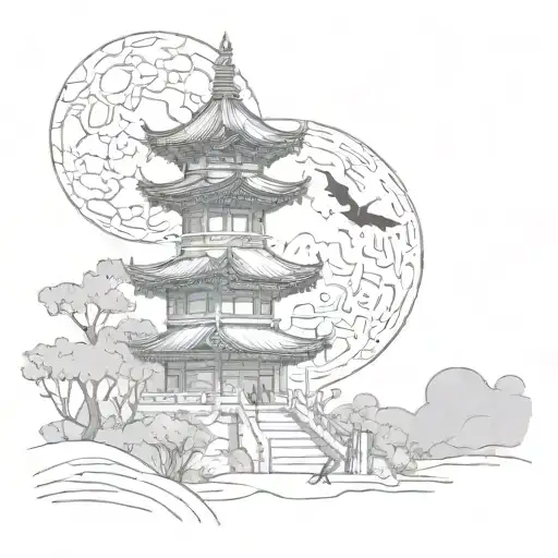 A sketch of a haunted pagoda with ghostly figures and a full moon in the background tattoo design idea