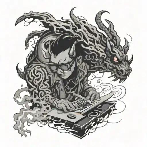 A software developer coding in a dark, corrupted world with Japanese demon spirits floating around tattoo design idea