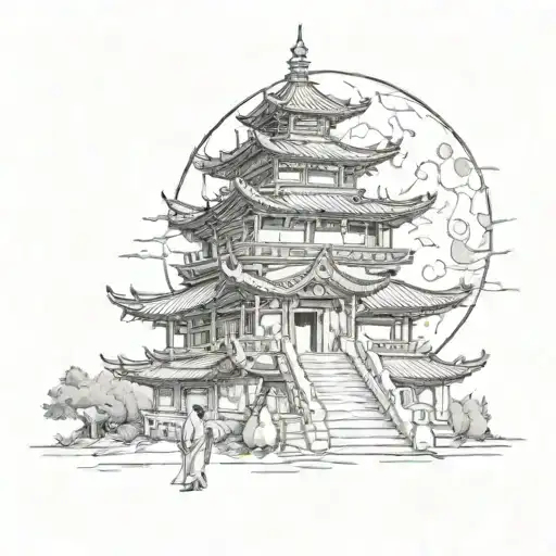 A sketch of a haunted pagoda with ghostly figures and a full moon in the background tattoo design idea