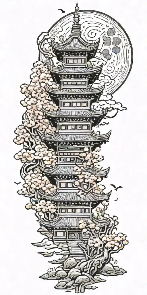 One burning pagoda temple with cherry blossoms, around clouds and dragons, while above there is the moon with a fox  tattoo design idea