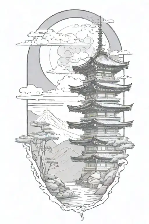 Add one mount fuji on background, pagoda is more defined tattoo design idea