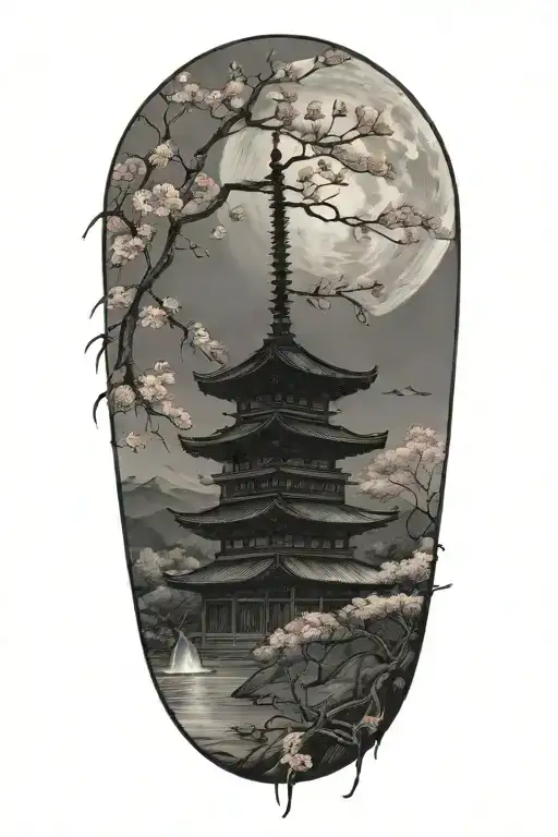 A Sketch Of A Haunted Pagoda A Full Moon In The Background, cherry blossoms on fire and mount fuji on background tattoo design idea