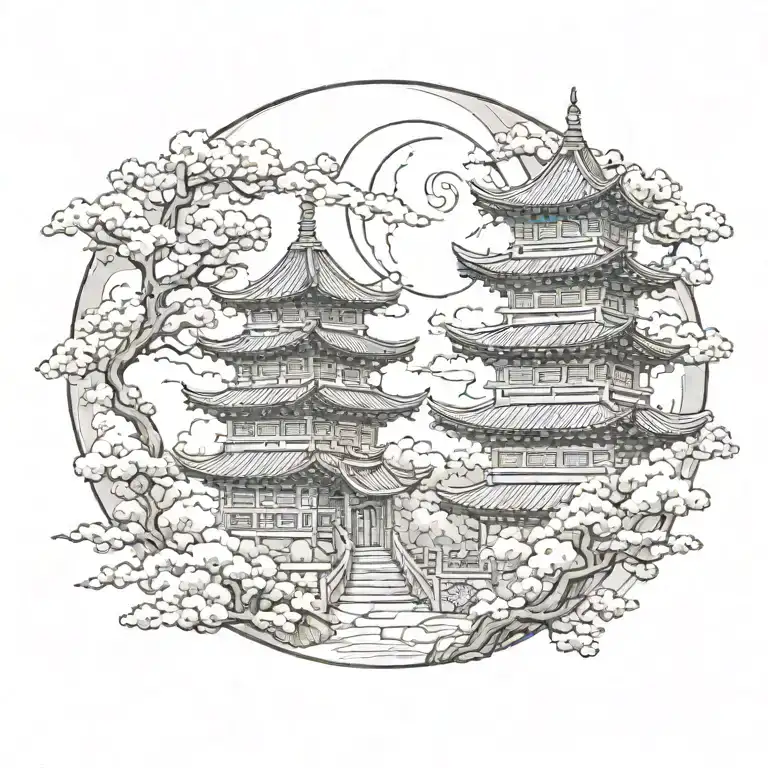 One "burning" pagoda temple with cherry blossoms, around clouds and dragons, while above there is the moon with a fox  tattoo design idea