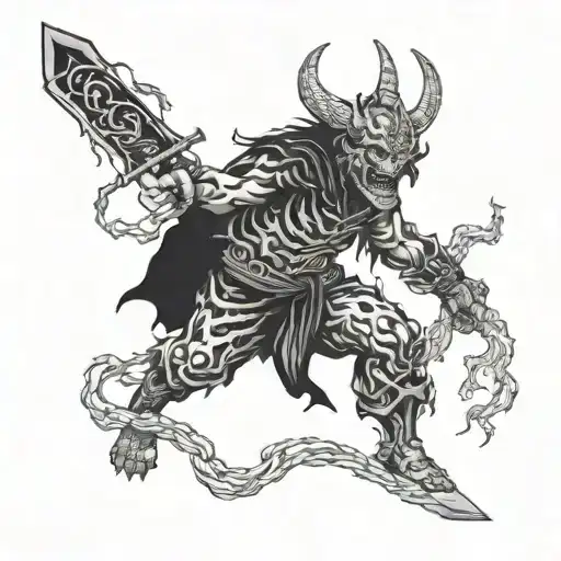A horror themed tattoo with a Japanese demon and berserk elements in a blackwork style tattoo design idea